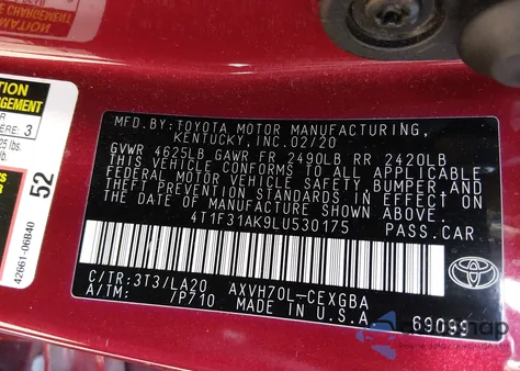 2020 Toyota Camry Xle Hybrid из США, поврежденный, VIN 4T1F31AK9LU530175